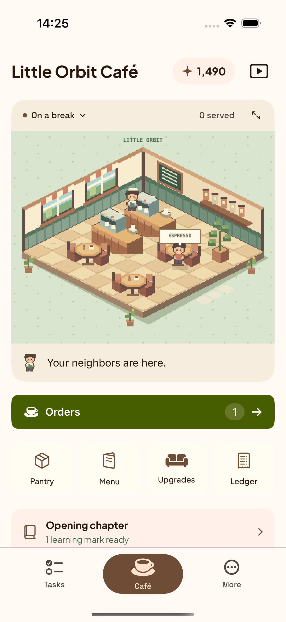 DoneMatter Café screen with a pixel-art coffee shop, orders, pantry, menu, and upgrades